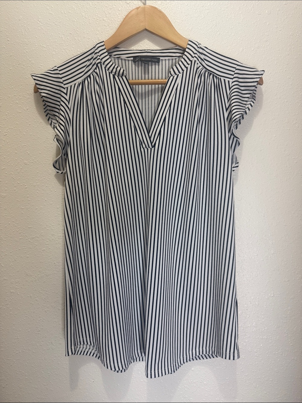 Adrianna Papell Striped V-Neck Flutter Sleeve Women's Top- Black & White, Size S